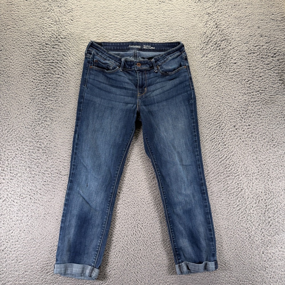Signature by Levi's Jeans Women 12 Blue Denim Straight Slim Cuffed Faded Stretch
